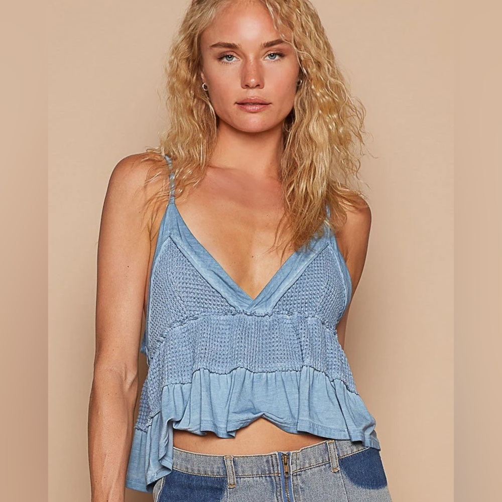 POL Blue Babydoll Tiered Crop Top